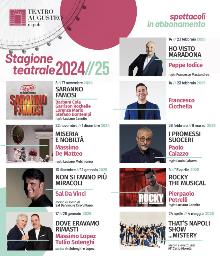 La stagione teatrale 2024//25 del teatro Augusteo: musical, commedie, concerti e tradizione. Aperta la campagna abbonamenti
