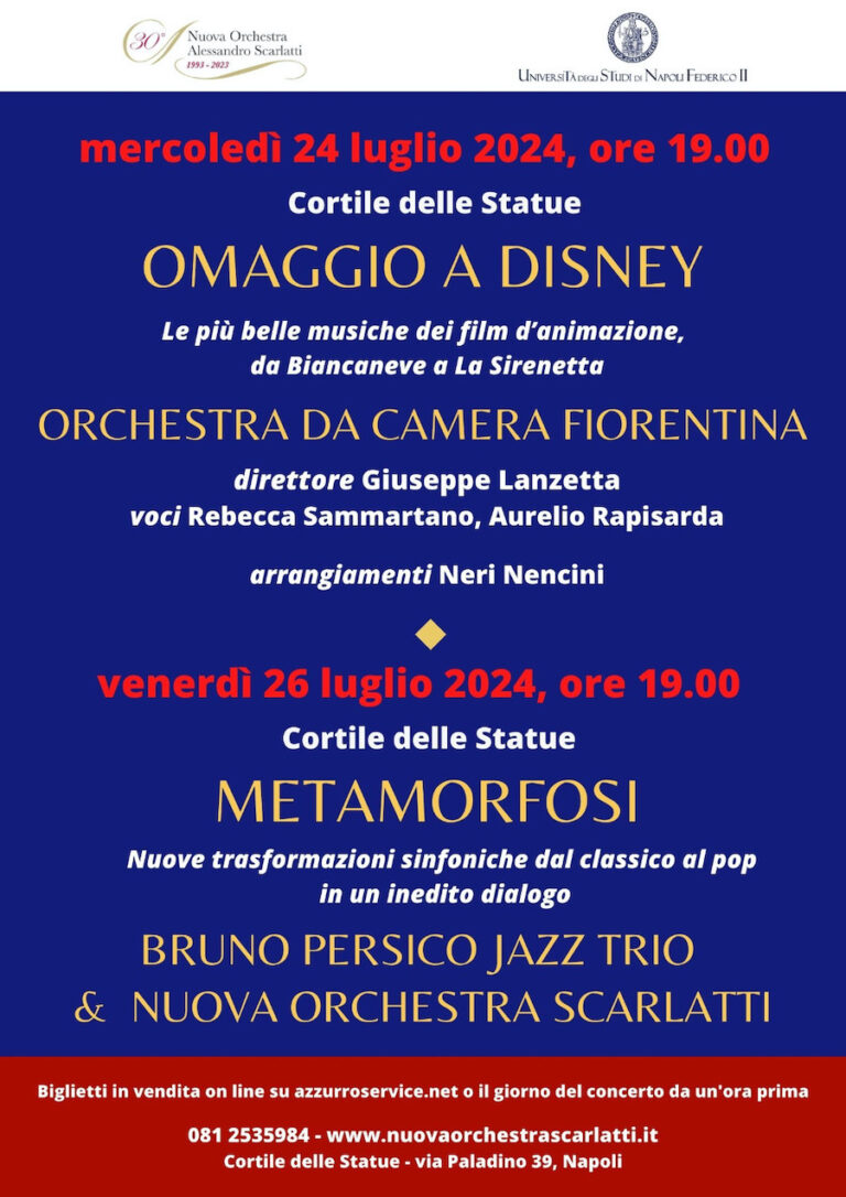 “Omaggio a Disney” e “Metamorfosi” al Cortile delle Statue, ultimi due appuntamenti estivi della Nuova Orchestra Scarlatti